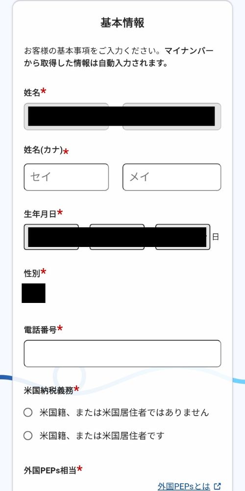 JPYCEXの基本情報名前の入力画面